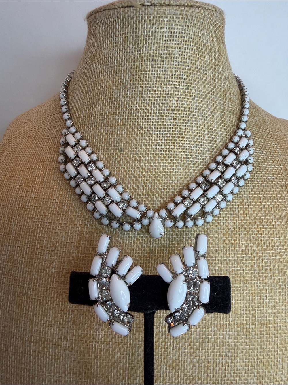 Vintage Milk Glass and Rhinestone Necklace and Earrings Set